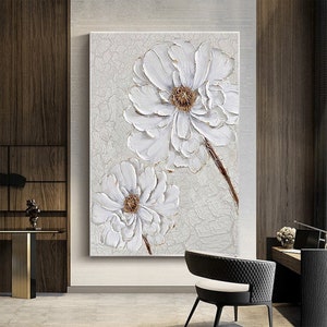 Framed canvas oil painting with textured white abstract flower and stems