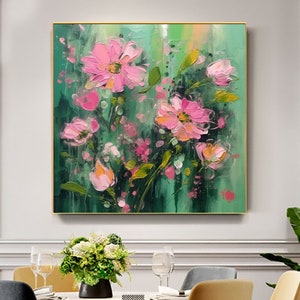 Framed floral oil painting on canvas with pink blossoms and green foliage