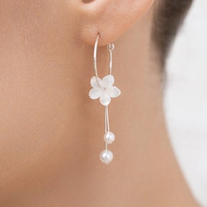 Ivory mother-of-pearl flower bridal hoop earrings with pearl drop, silver-tone hooks