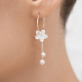 Mother of pearl flower bridal earrings, Hana hoop earrings, romantic flower bridal earrings, boho bridal earrings, ivory flower wedding