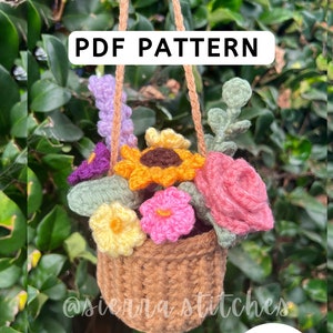 Crochet flower basket PDF pattern with small multicolor crochet flowers in a basket