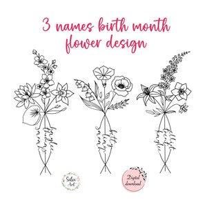 Three birth month flower line art tattoo design with name tags on three stems