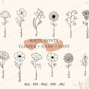 Birth month flower SVG bundle with line-art florals and editable name-font text