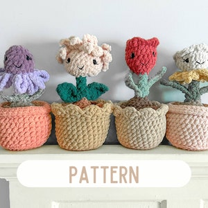 Crochet flower and toy patterns with small crocheted buds in pastel pots