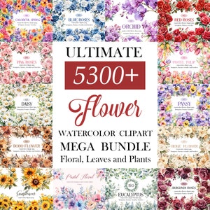 Watercolor flower clipart bundle collage with bouquets, wreath elements, and leaves