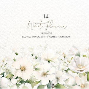 White flower watercolor clipart set with cream blooms and soft green stems