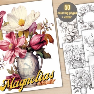 Magnolia flowers coloring book cover with 50 pages and grayscale botanical designs