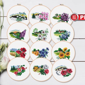 Set of twelve circular cross-stitch pattern hoops with wildflower and seasonal flower designs