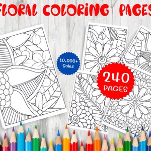 Floral coloring pages bundle with 240 printable sheets and colored pencils
