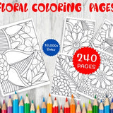 240 Floral Coloring  pages Bundle - Flower Coloring Sheets - Instant Download - Printable PDF - Adults and kids Colouring Books