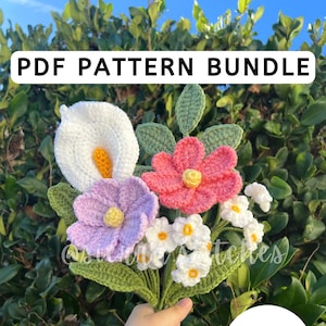 Crochet flower pattern bundle featuring calla lily, pink and purple blossoms with green leaves