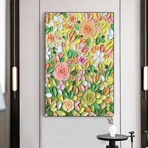 Framed green floral oil painting on canvas, multicolor flowers and leaves