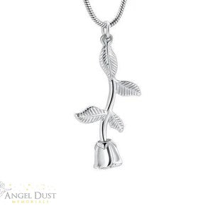 Cremation ashes urn pendant necklace with rose charm on silver chain