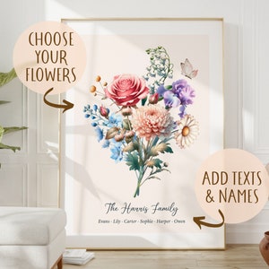 Framed personalized garden poster with a colorful flower bouquet and name/text placeholders