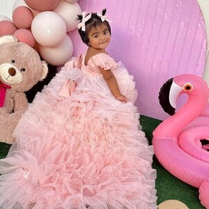 Peach ombre tulle tutu dress with layered ruffles and flowing train