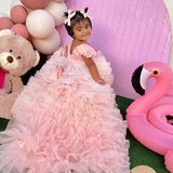 READY TO SHIP, Peach Birthday Girl Dress, Ombre Flower Wedding Girl Dress, Tutu Tulle Baby Dress With Train, Formal Event Dress, Prom Dress