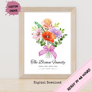 Personalized framed flower bouquet print with colorful blooms and pink ribbon, text at bottom