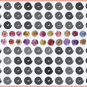 Rolled flower SVG cut file sheet with black and multicolor 3D flower designs