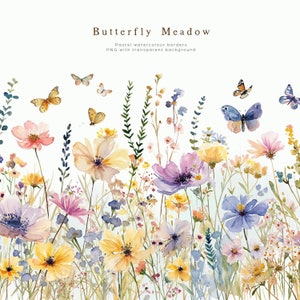 Watercolor wildflower meadow clipart with butterflies and scattered spring blooms
