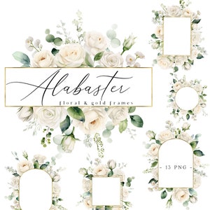 Watercolor floral frame clipart with ivory roses, eucalyptus leaves, and gold borders