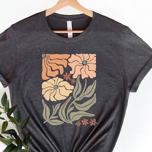 Dark gray graphic floral T-shirt with wavy boho flowers and leaves
