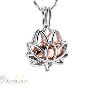 Lotus flower locket cremation ashes necklace with silver pendant, bronze inset, and chain