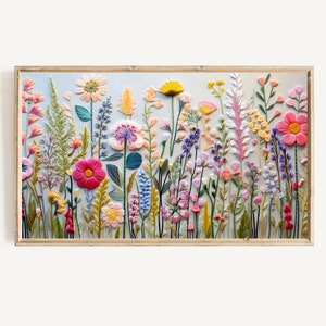 Framed spring wildflower floral embroidery TV art, colorful flowers in textured fabric
