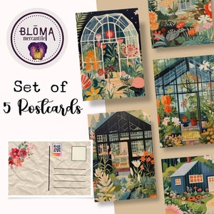 Set of 5 botanical greenhouse postcards with colorful window and flower artwork