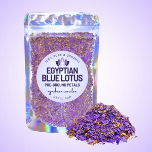 Pre-ground Egyptian blue lotus petals in a clear plastic jar, purple herbal blend