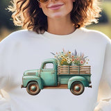Vintage Flower Farm Truck Sweatshirt, Unisex Garment-Dye, old fashioned aqua vehicle floral delivery, womens spring fashion, comfort colors
