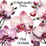 Watercolor Pink Orchids clipart, 15 high quality PNG files, exotic flower, florals, botanical illustration, pastel pink flower, printables