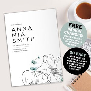 Funeral program flyer, white cover with floral line art and name Anna Maria Smith