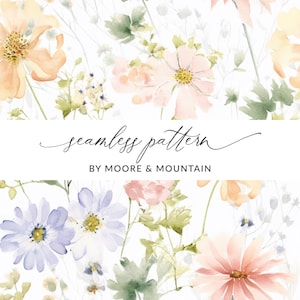 Pastel watercolor spring floral seamless pattern with soft pink, peach, and lavender blooms