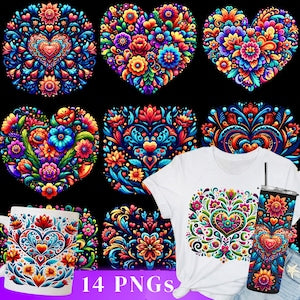 Mexican flower heart PNG set with neon floral hearts, assorted designs