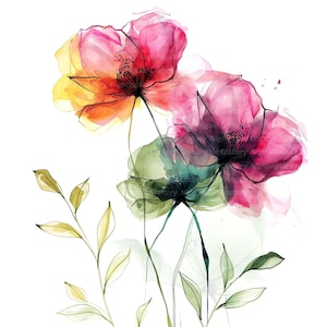 Watercolor flower clipart with pink blossoms, dark centers, and green leaves on white