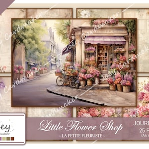 Vintage floral digital journal kit with A4 cover illustration of a flower shop