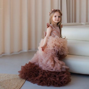 Ombre maxi first birthday dress with layered ruffle tulle skirt and bow headband