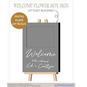 Digital welcome flower box sign plans, gray sign on easel with cursive 'Welcome'
