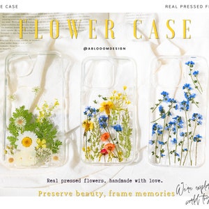 Clear pressed flower phone case with blue and yellow blossoms