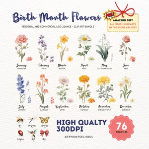 Birth month flowers clipart bundle with watercolor floral icons and month labels
