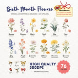 Birth Month Flowers Clipart Bundle, Watercolor Antique Floral PNG, DIY Birth Month Flower Print Creator Kit, Flower bouquet Graphic, Digital