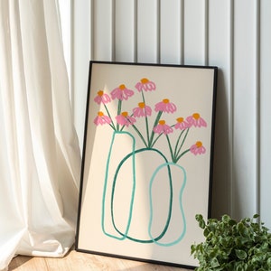 Framed flower vase wall print with pink bouquet and minimalist teal vases
