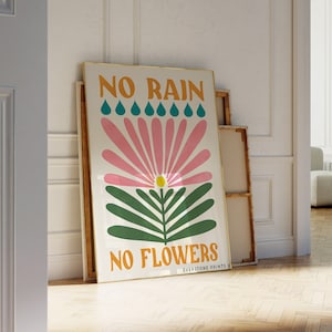Framed wall art print: 'No Rain No Flowers' with floral sunburst illustration