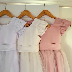 Girls tulle flower girl dress, dusty pink bodice with gathered waist and full skirt