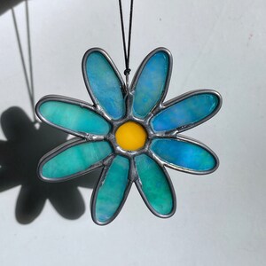 Dreamy Daisy Stained Glass Iridescent Teal, Blue Flower Glass Art, Floral Home Decor Gift