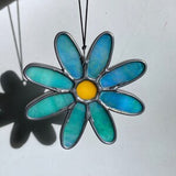 Dreamy Daisy Stained Glass Iridescent Teal, Blue Flower Glass Art, Floral Home Decor Gift