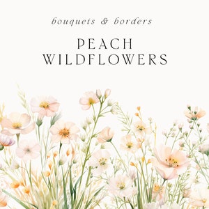 Watercolor wildflower floral border with peach flowers and soft green stems