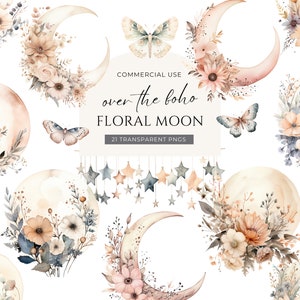Watercolor floral moon clipart set with butterflies, stars, and botanical wreaths