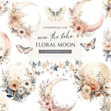 Watercolor Floral Moons Clipart, DIGITAL DOWNLOAD, Celestial Boho Clipart, Moon Flower Clipart, Over The Moon Invitation, Commercial Use PNG