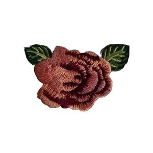 Embroidered flower iron-on patch with burgundy petals and green leaves